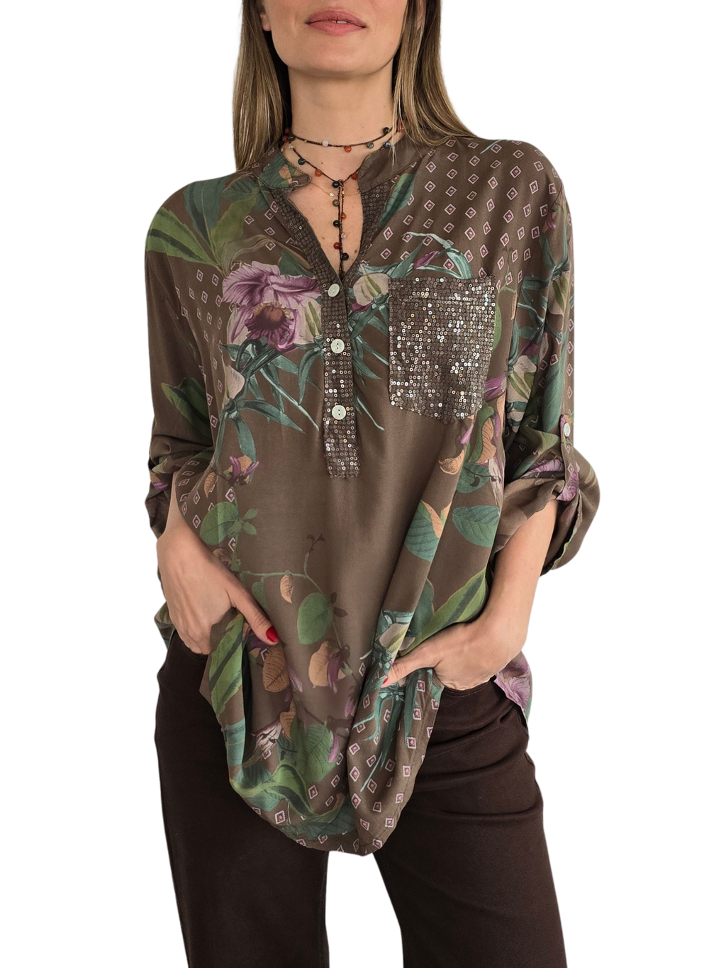 Blusa Italiana Estampada, fondo Chocolate