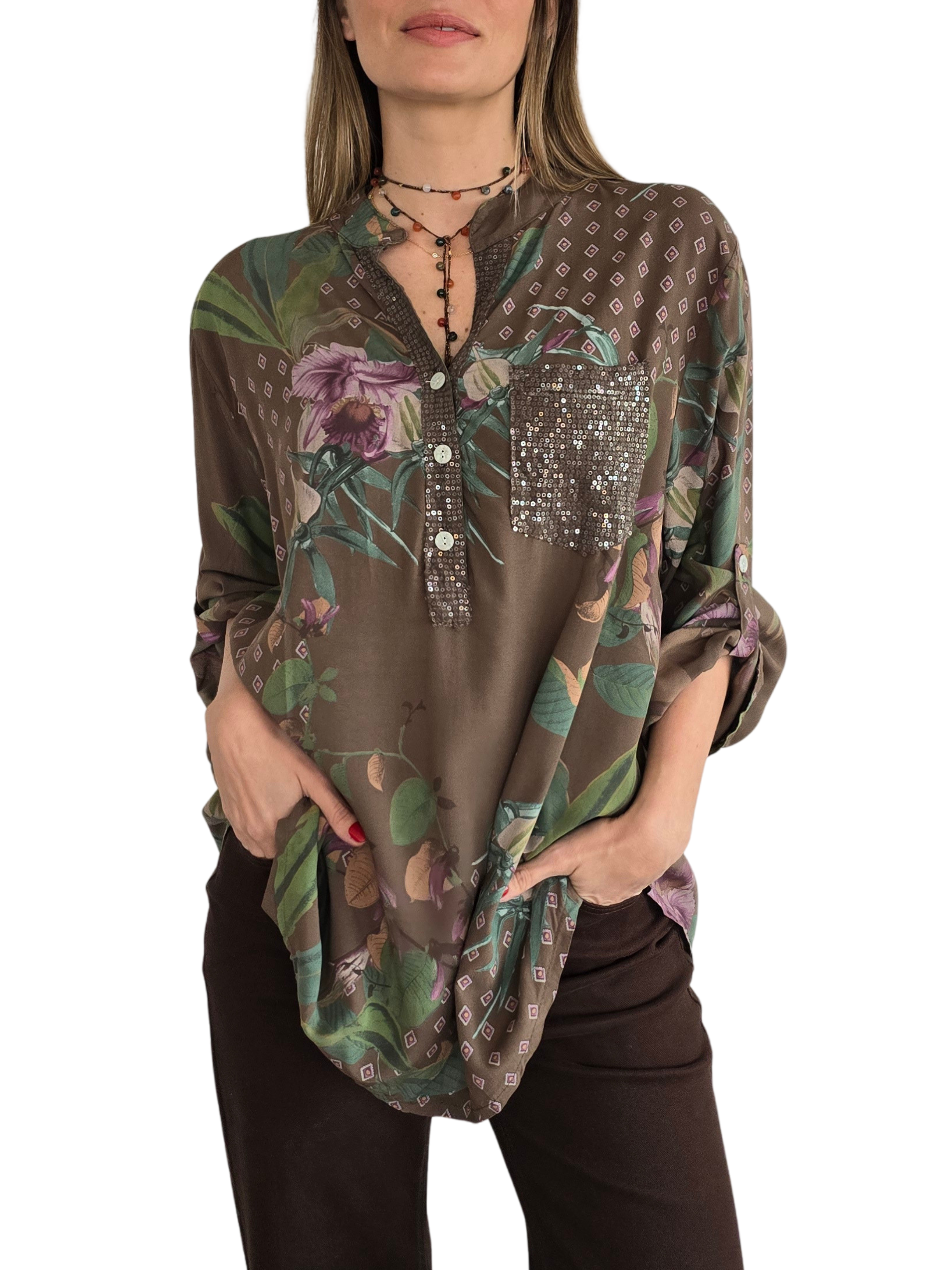 Blusa Italiana Estampada, fondo Chocolate