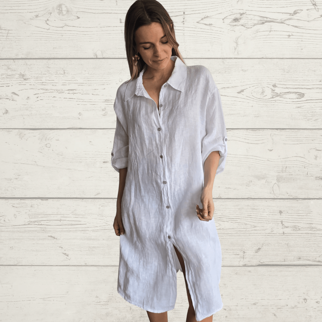 Vestido de lino Italiano, abotonado, color Blanco