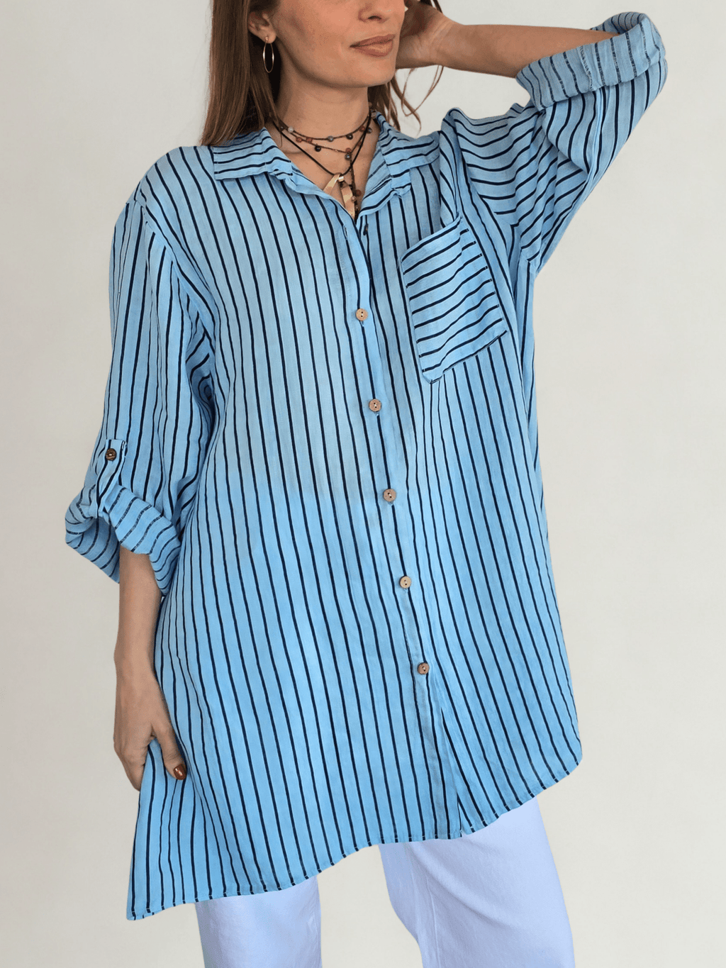 Blusa/Vestido Italiano 100% Lino Rayado, fondo Celeste