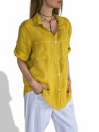 Blusa Italiana 100% Lino dos Bolsillos, color Amarillo Oro