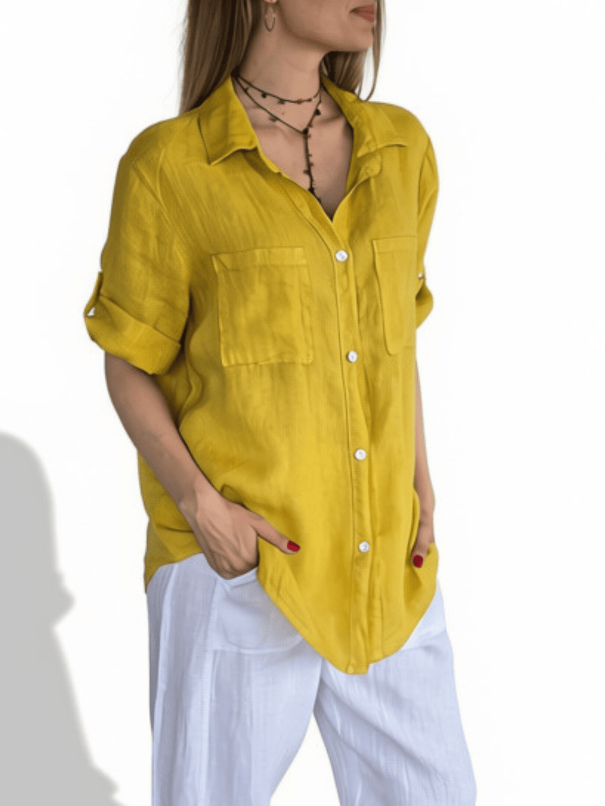 Blusa Italiana 100% Lino dos Bolsillos, color Amarillo Oro
