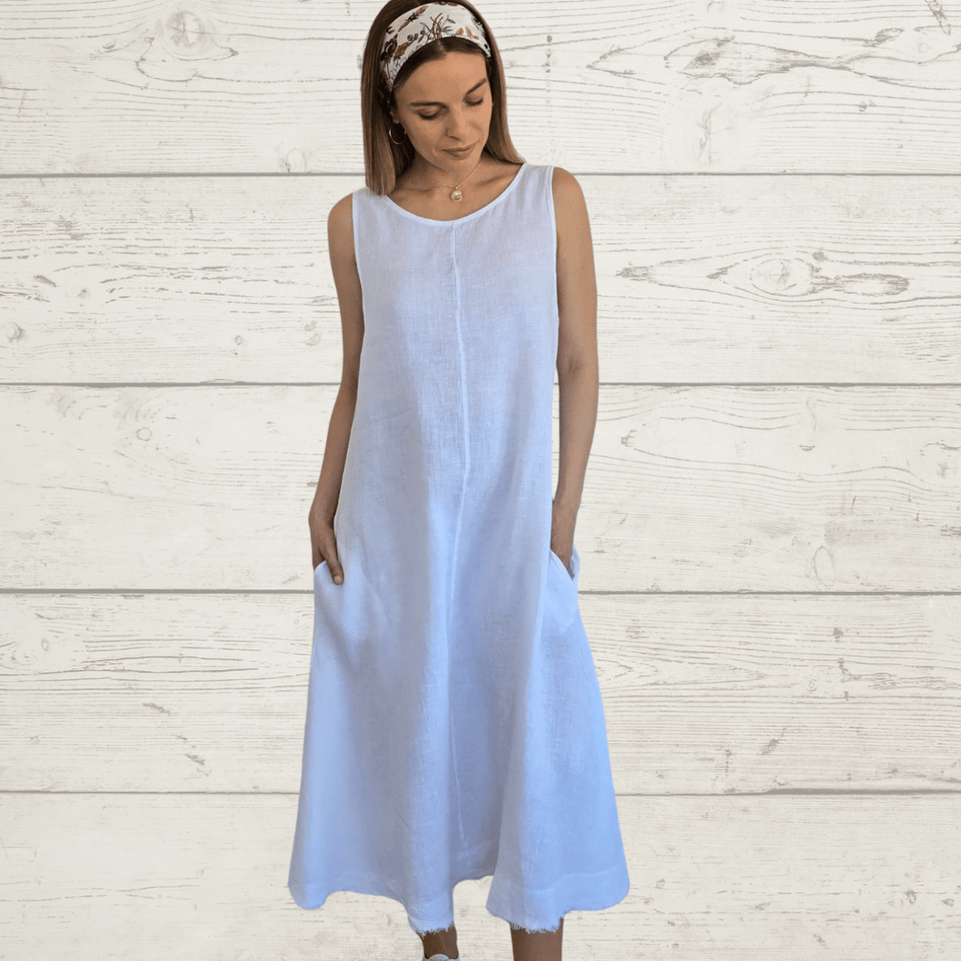Vestido de Lino italiano basta desflecada, color Blanco