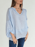 Blusa 100% Lino Italiano escote en V, color Celeste
