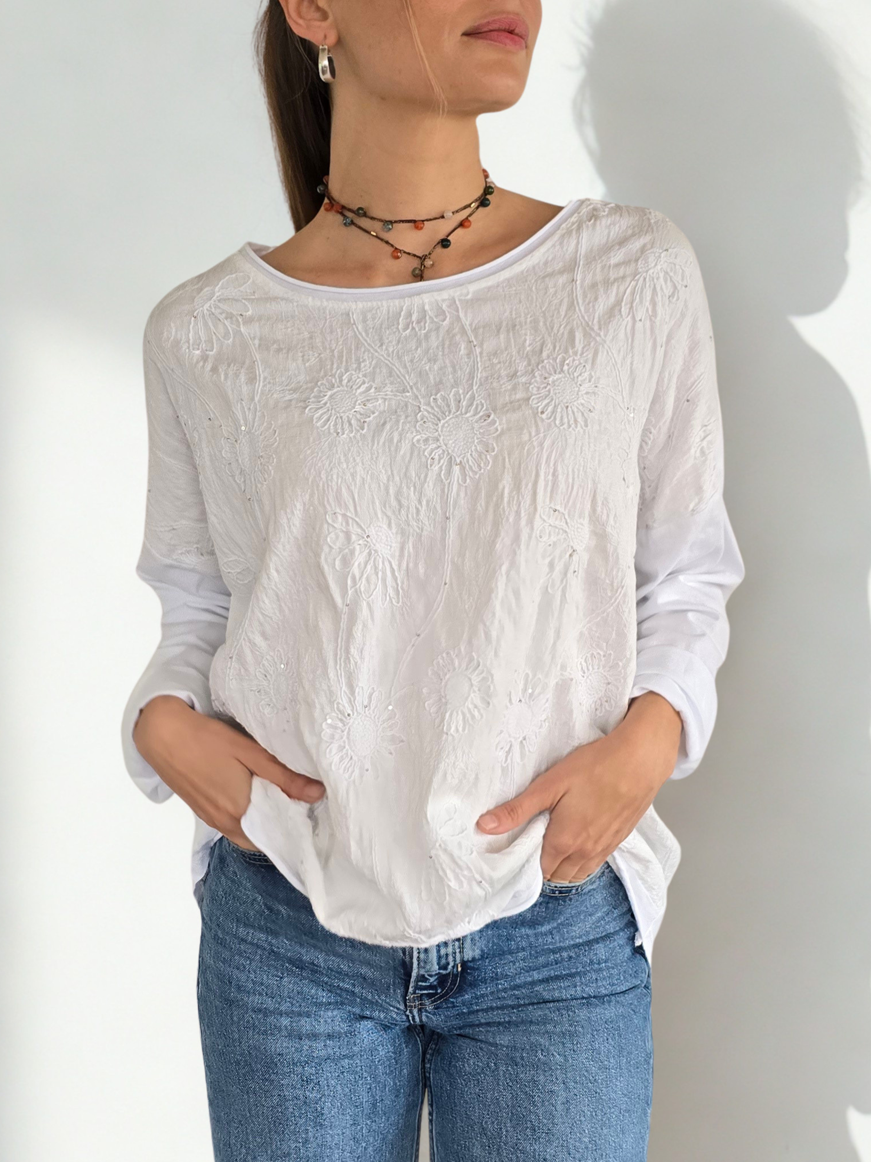 Blusa Italiana Bordada, color Blanco