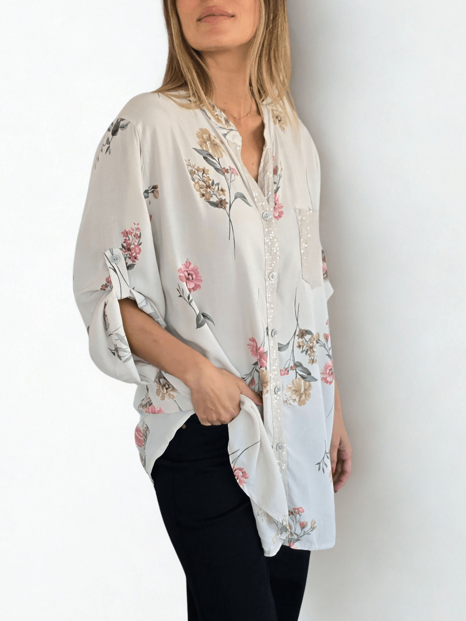 Blusa Italiana estampada, fondo Beige
