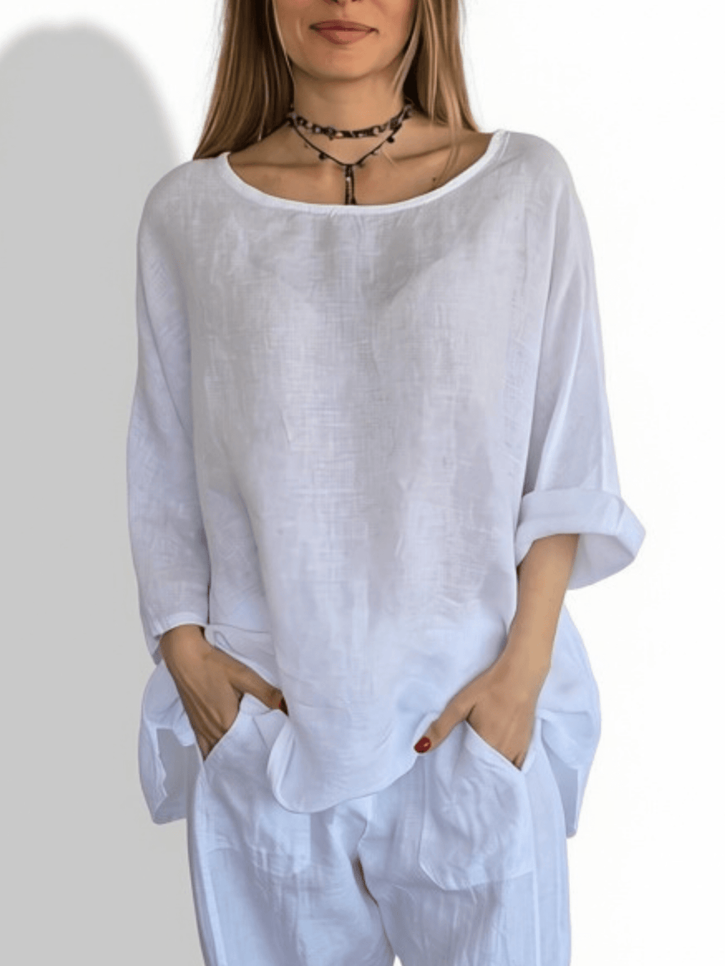 Blusa 100% Lino Italiano Ancha, color Blanco
