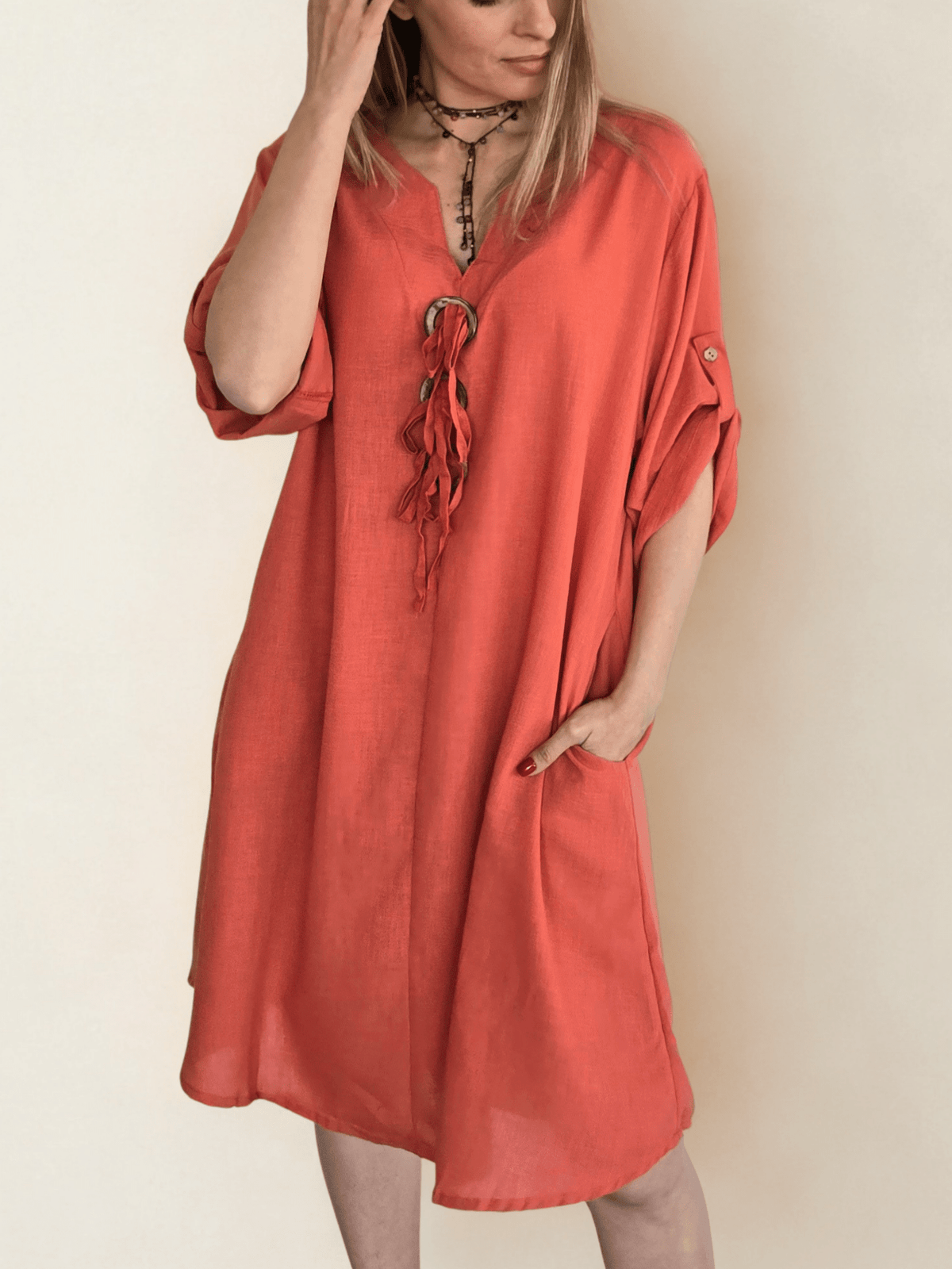 Vestido Tres Botones, color Terracota