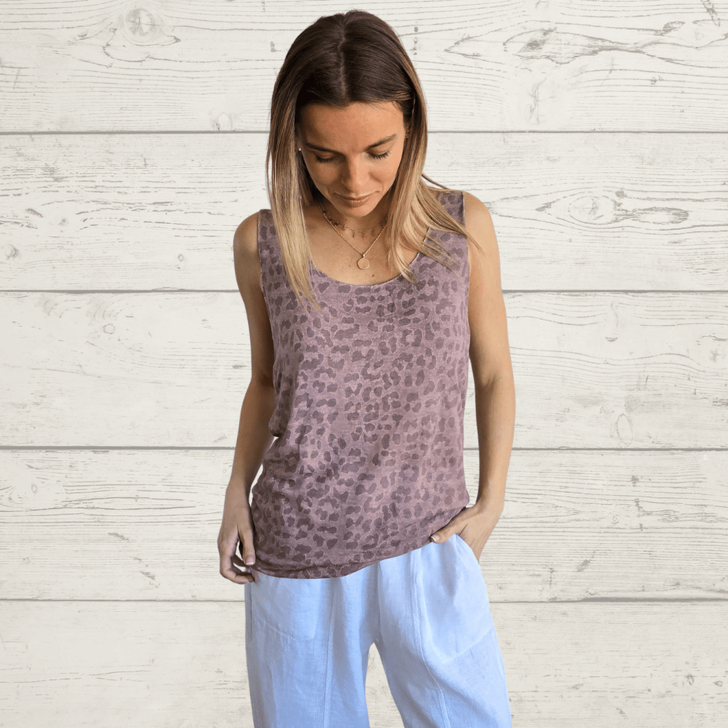 Polera Italiana sin mangas Animal Print, fondo Rosado Oscuro