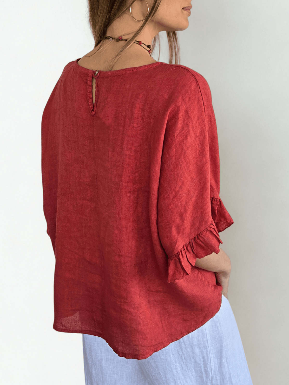 Blusa Italiana 100% Lino con Vuelos, color Tomate