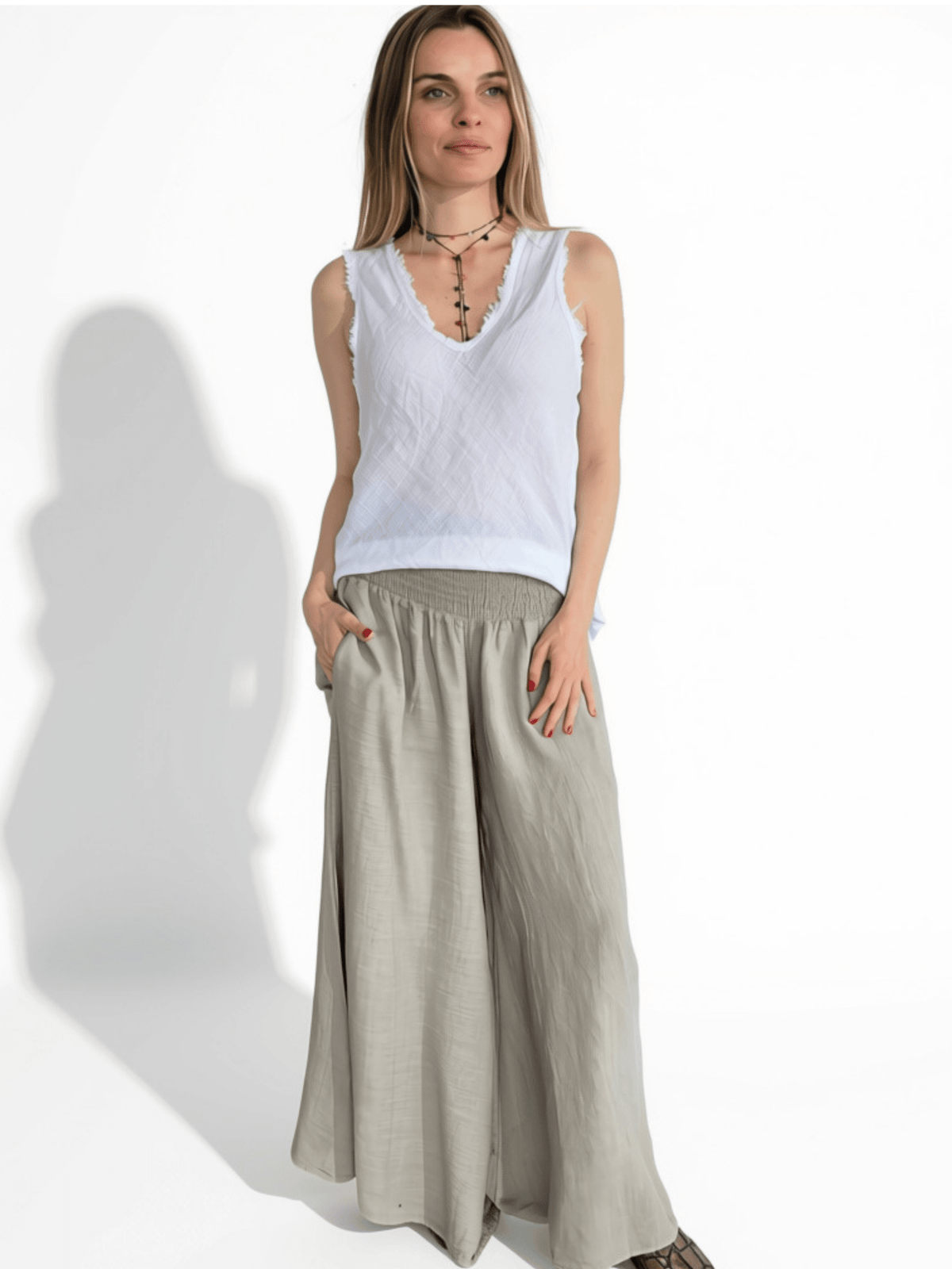 Pantalón Palazzo Italiano 100% Lino, color Taupe