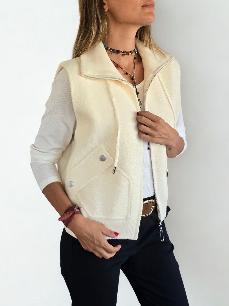 Chaqueta tejida sin mangas, color Blanco Invierno
