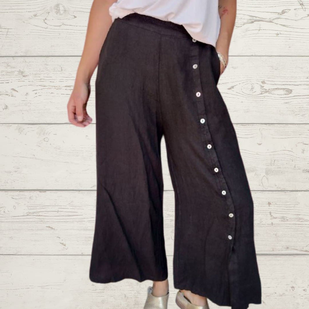 Pantalón de lino Italiano, con botones a un lado, color negro